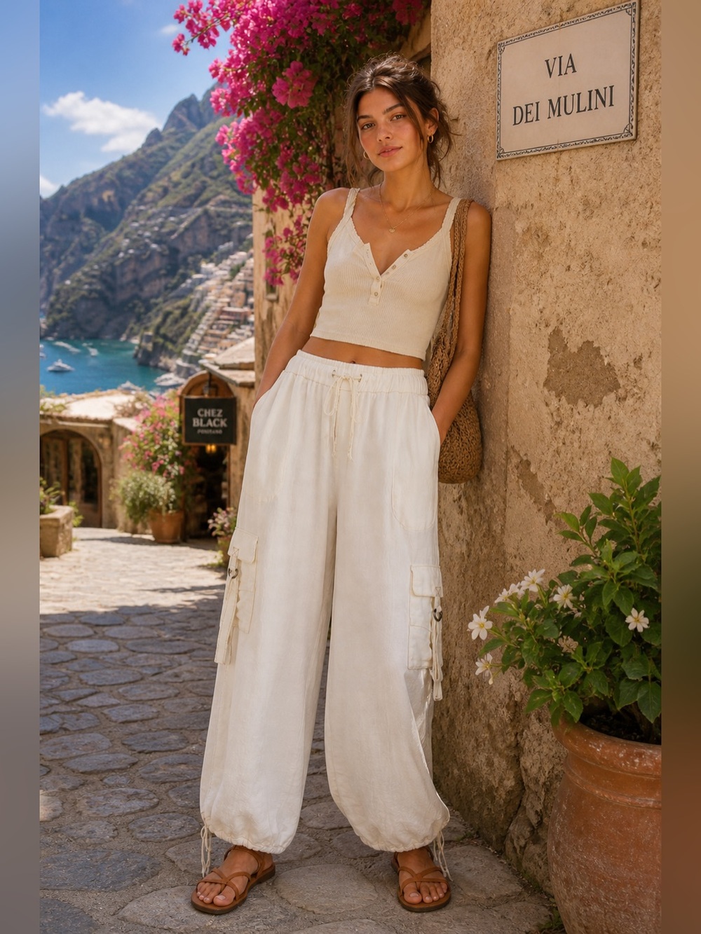 Cream Linen Cargo Pants Women | Wide Leg Boho Utility Lounge Pants | Drawstring